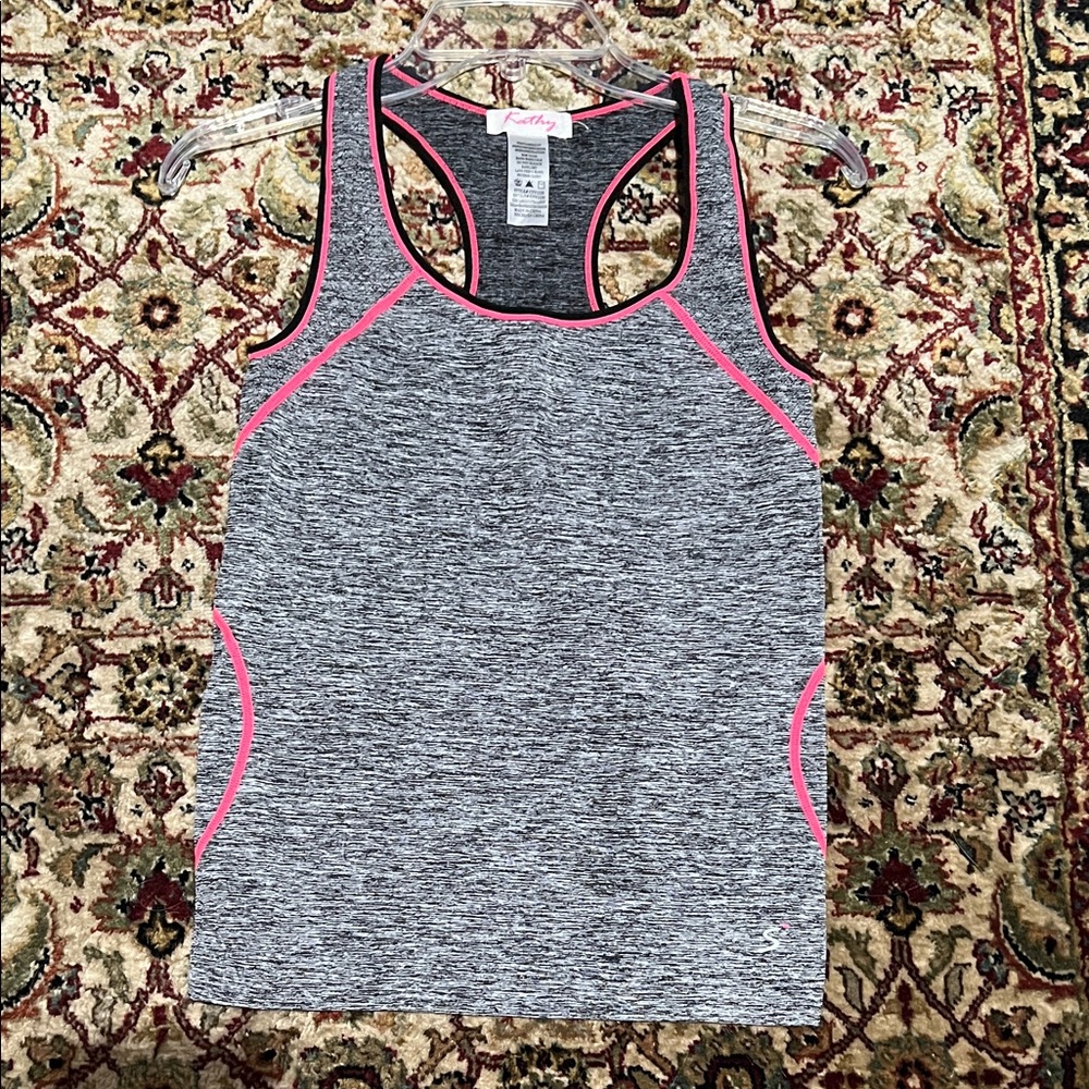 Kathy Racerback Heather Gray Tank with Pink Trim Size Large XL